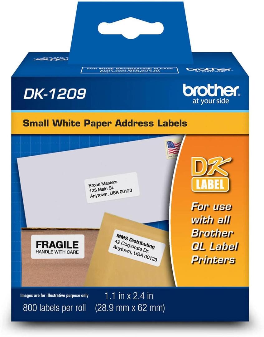 Brother DK-1209 Small Address Labels, White, 2 1/2" x 1 1/2", Roll Of 800