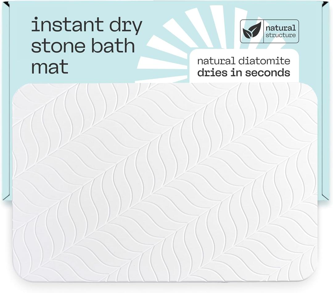deepstone Stone Bath Mat Large Diatomite Bathroom & Shower Mat, Fast Drying & Ultra Absorbent, Non-Slip Diatomaceous Earth Bath Mat, Easy Clean Modern Design, 24 x 16 in (White)