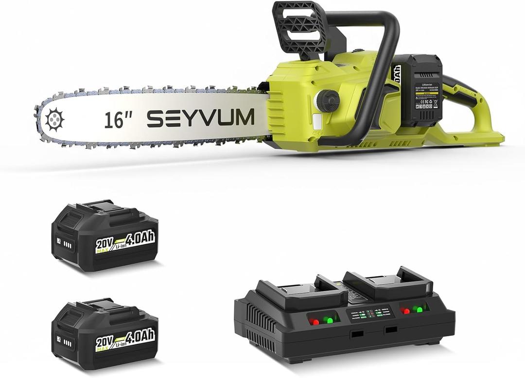 SEYVUM Cordless 40V 16 Inch Chainsaw with 2 x 4.0Ah Batteries, Electric Chain Saw with Tool-free Chain Tension, Auto Oiling, Heavy-Duty for Tree Felling, Firewood Cutting, Pruning