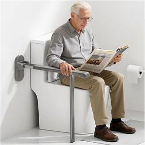 Flip Up Grab Bar with Support Leg, 26.8" high Toilet Safety Rails for Seniors, Wall Mounted Toilet Grab Bars for Disabled and Elderly, Space-Saving Foldable Handicap Bars for Bathroom