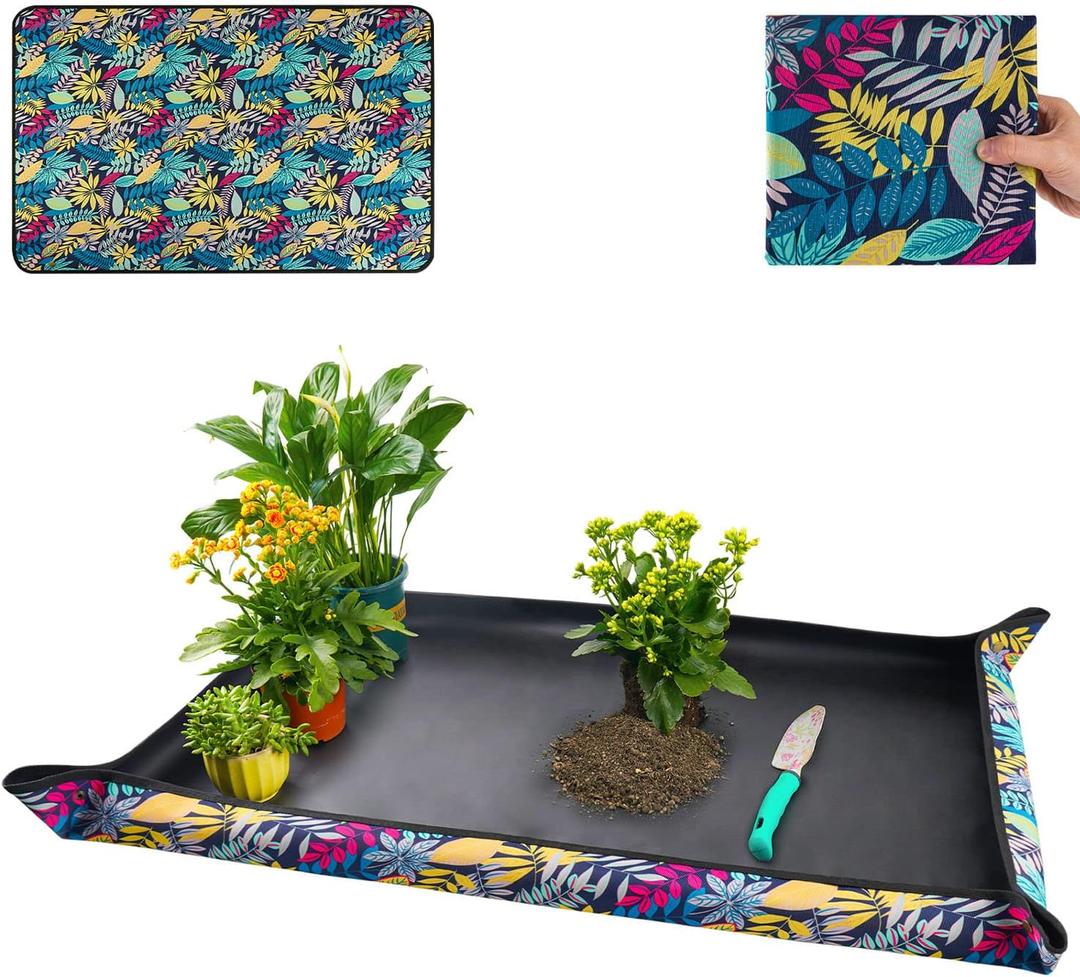 Extra Large Repotting Mat for Indoor Plants Transplanting and Dirt Control, Foldable Waterproof Succulent Potting Mat, Gardening Gifts for Plant Lovers (43.5"x29.5") (Colorful Leaf Print)