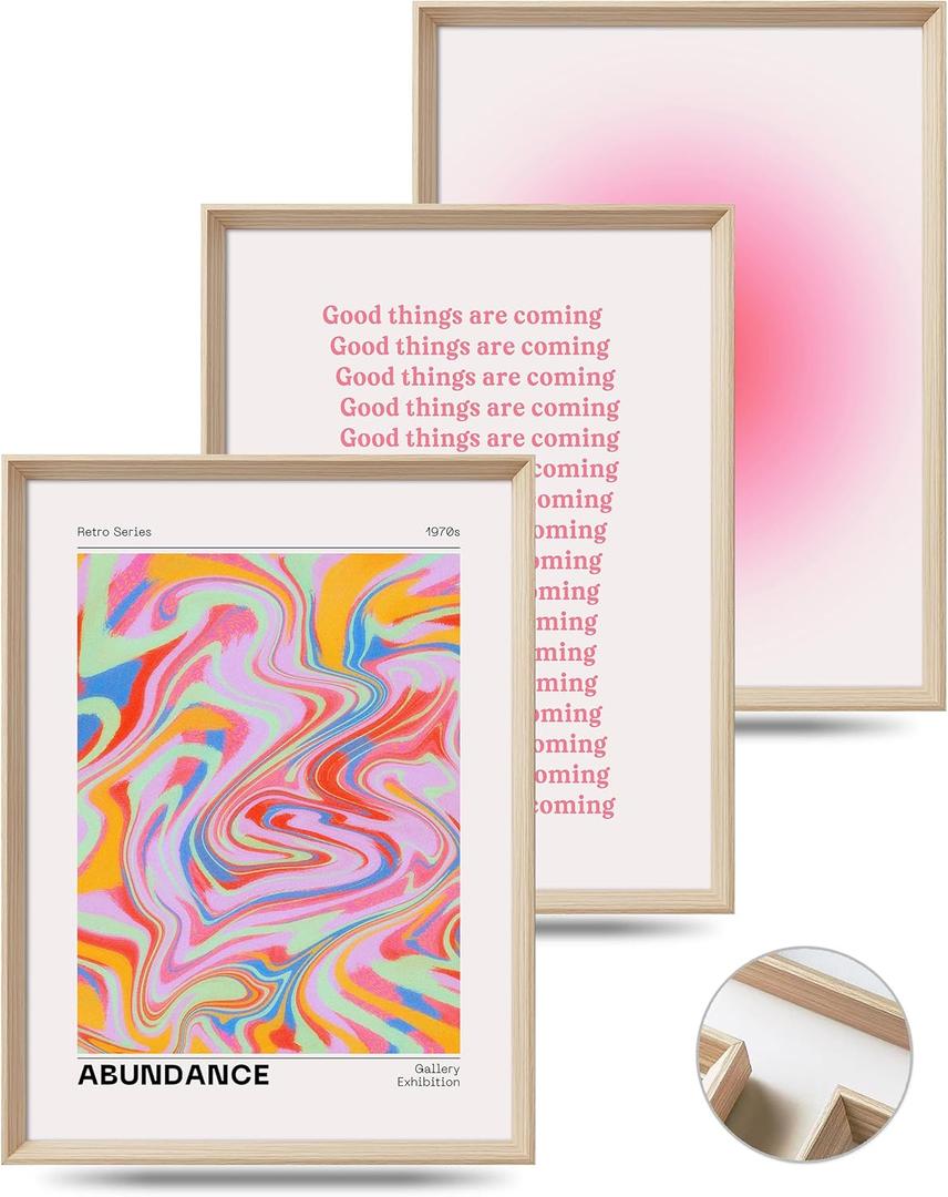 Framed Abstract Pink Canvas Wall Art,Retro Gradient Canvas Wall Decor,16x12IN High Framed Wood Design Print,Minimalist Classic Dcor Aesthetic for Living Room,Bedroom,Bathroom Set of 3 (Trust Graident Framed)