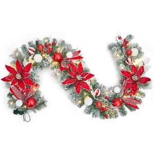 Christmas Garland with 20 LED Lights, 6ft Pre Lit Xmas Garland with Artificial Flowers Berries Ball Ornaments, Battery Operated Christmas Lighted Garlands for Mantle Fireplace Stairs (Red & White)