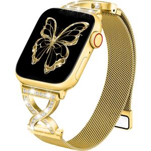 Metal Magnetic Band Compatible with Apple Watch 42mm 38mm 40mm 41mm, Stainless Steel Dressy Mesh Loop Strap with X-Shape Diamond Women