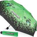 Minecraft Folding Umbrellas for Boys Girls Durable Compact Umbrella Windproof Travel Umbrella for Teens and Gamers (Black/Green)
