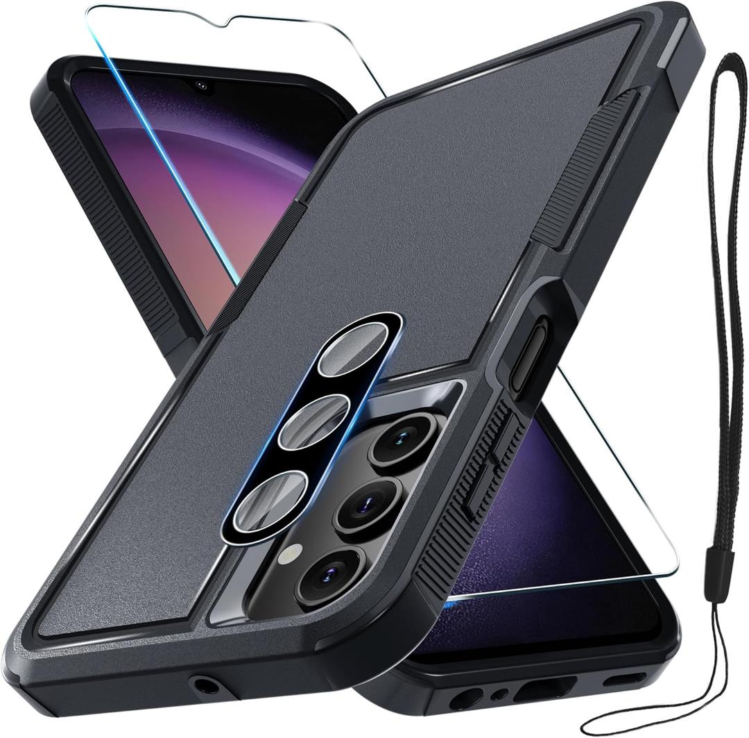 RMOCR Case for Samsung Galaxy A16 5G, Full Body Heavy Duty Rugged Shockproof Protective Phone Cover with Lanyard Strap, Tempered Glass Screen Protector and Camera Lens Cover, Black Matte