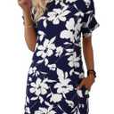 Wenrine Womens Summer Dress 2025 Floral T Shirt Dress Casual Cap Sleeve Crewneck Loose Boho Shift Mini Dresses Navy