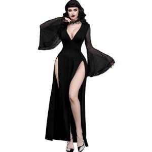 Women Gothic V Neck High Slit Witch Sleeve Lace Patchwork Ghost Bridal Goth Dress Without Corset (Large) 