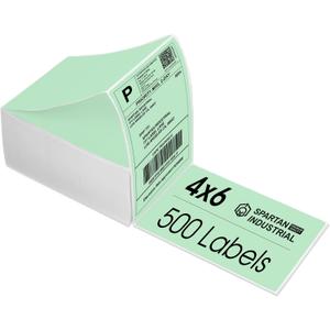 Spartan Industrial - 4" X 6" Green Direct Thermal Fanfold Labels (500 Count, 1 Stack) - Printable Postage Shipping Labels, Package Identification - Compatible with Zebra and Rollo Printers