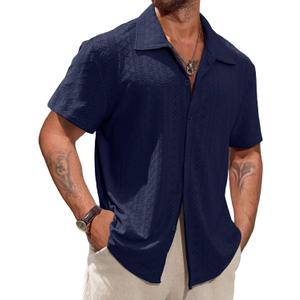 Vssjavun Men's Short Sleeve Button Down Shirt Lightweight Textured Shirt (Blue, XS)