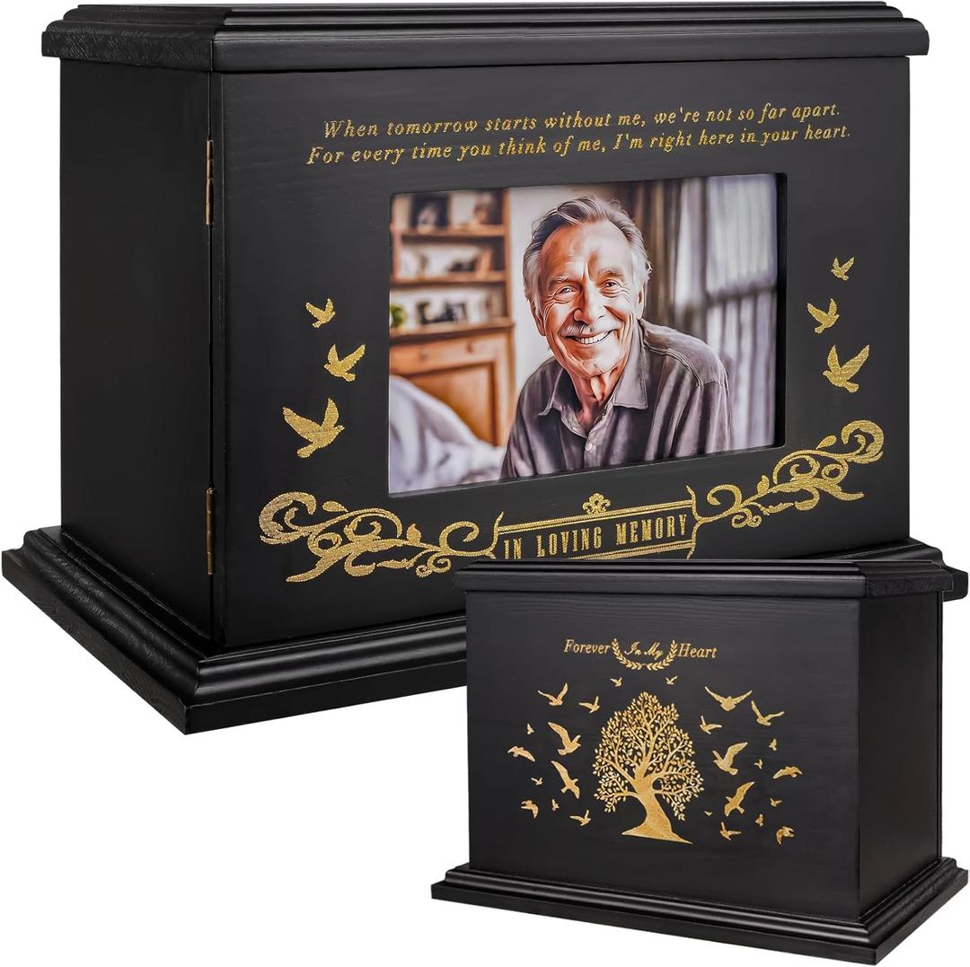 Cremation Urns for Human Ashes Adult Male Female, Wooden Urn for Ashes, Wooden Picture Frame Urns Box and Casket, Funeral Memorial Urns Box, Men Women Child, Holds 255 lbs (Black)