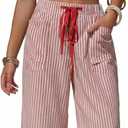 EXLURA Women's Faux Linen Striped Bermuda Shorts Casual Drawstring Elastic Waist Summer Vacation Beach Shorts with Pockets (Red), XL