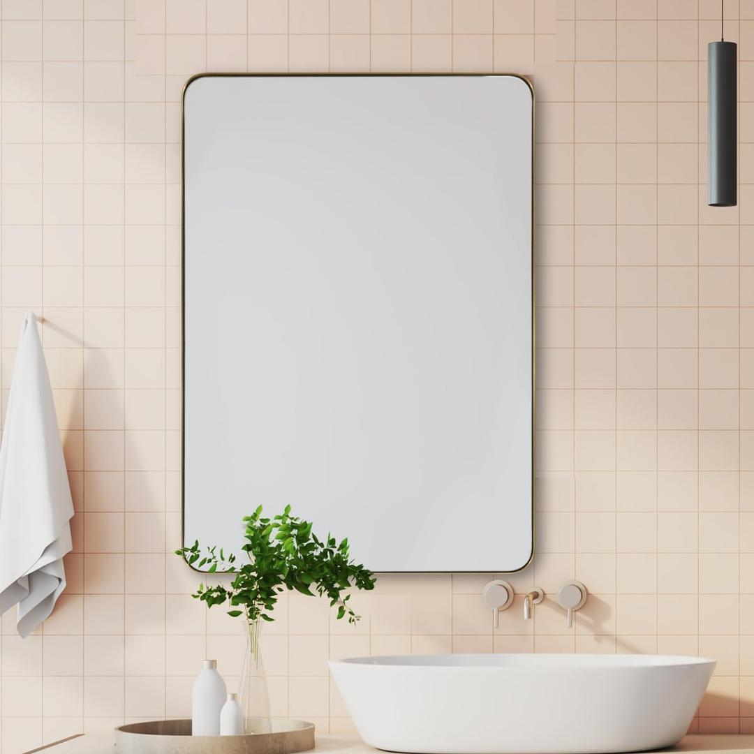 ANDY STAR Wall Mirror for Bathroom with Stainless Steel Metal Frame, 30"x40"Rectangle Rounded Corner Frame, Brushed Gold Finish