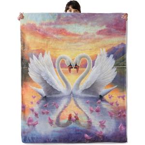 Couple Swan Blanket, Cozy Flannel Romantic Lake and Petal Blankets, All Season Soft Throw for Travel Home Decor, Lightweight Sofa Bed Throws, Valentine's Gifts for Women Adults, 50"60"