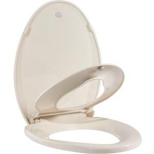 19" Elongated Almond Toilet Seat for Adult and Child, Built-In Potty Training Seat with Soft Quiet Close Non-Slip Design, Magnetic Kids Seat and Cover for Elongated/Oval Toilets, Easy to Install