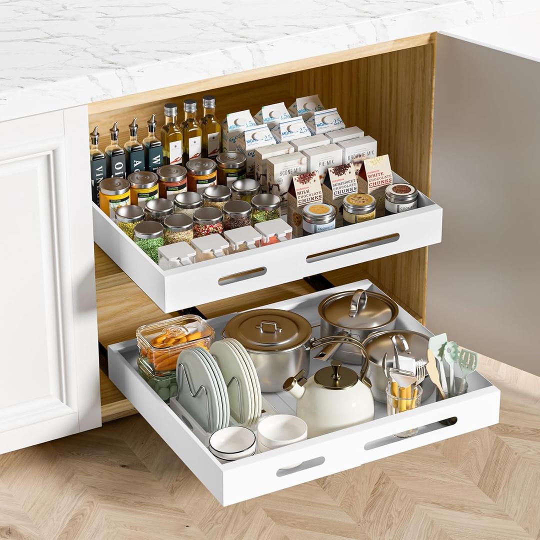 HBL' 1 Pack | 21" Deep Pull Out Cabinet Organizer Adhesive, (13.8" to 22.0") Width Expandable Sturdy Carbon Steel Roll-Out Drawers for Face Frame or Frameless Cabinets,Slide-Out Shelves for Pantry. (White)