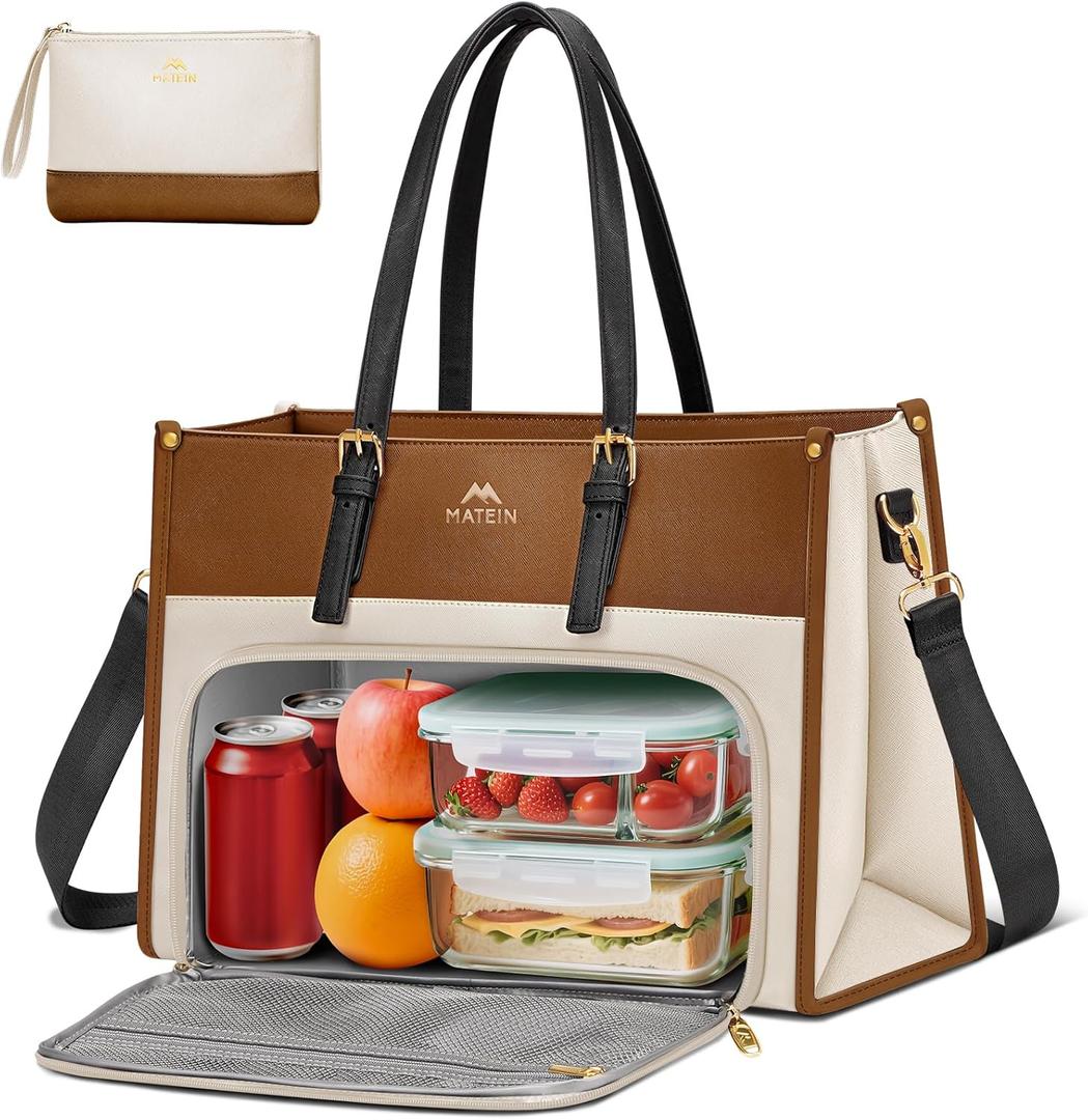 MATEIN Laptop Tote Bag with Insulated Lunch Compartment for Women, PU Leather 2 in 1 Work Briefcase with Clutch Fits 15.6 Inch Laptop, Convertible Professional Shoulder Bag for Office Business, 2 Sets (Brown)