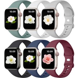 Maledan 6 Pack Bands Compatible for Apple Watch Band 38mm 40mm 41mm 42mm 44mm 45mm 46mm 49mm Women Men, Soft Silicone Sport Replacement Band for iWatch Apple Watch Series 10 9 8 7 6 5 4 3 SE Ultra (Black/ Navy Blue/ Gray/ Pine Green/ Wine Red/ White)