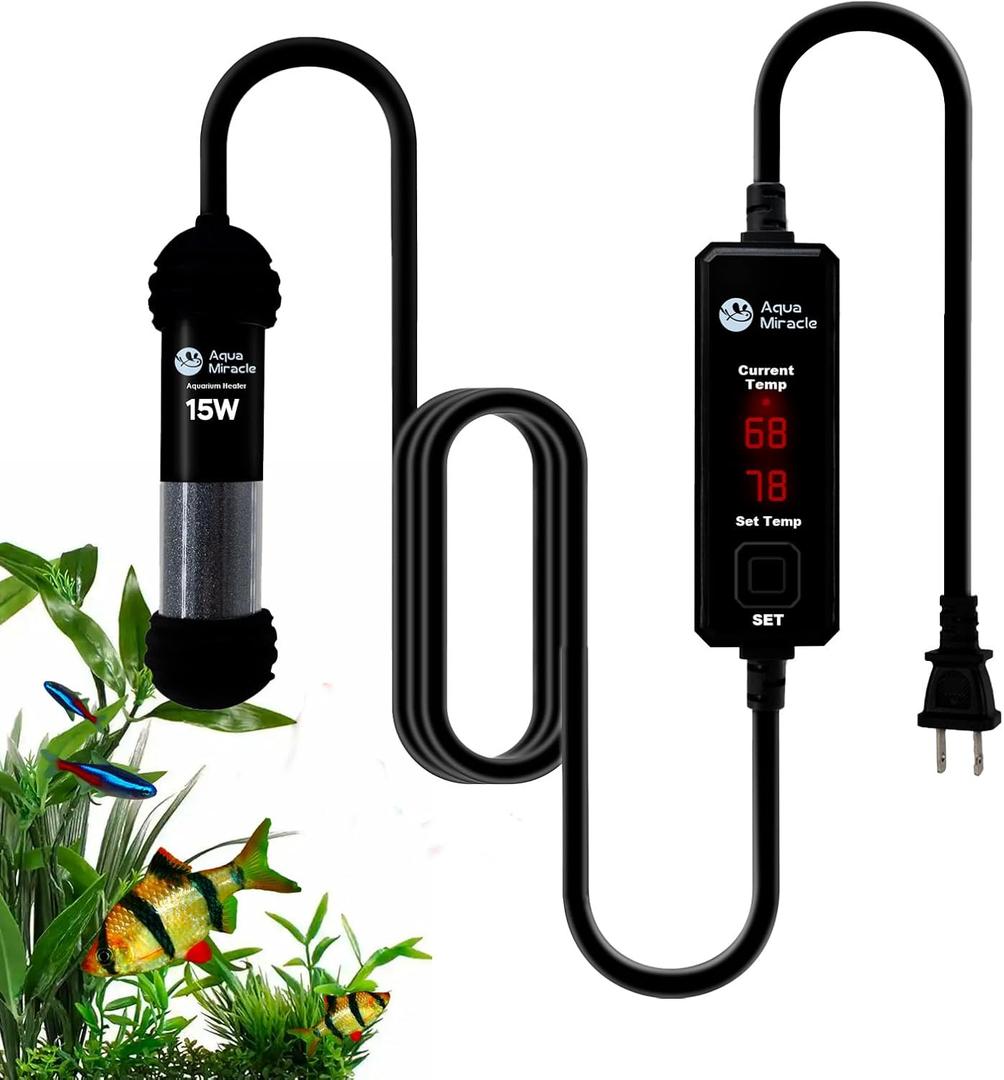 AquaMiracle 15W Small Aquarium Heater Fish Heater, Super Mini Fish Tank Heater Turtle Tank Heater for 1-3 Gal Tanks, with Dual LED Display, Dry-Run/Overheating Protection & Memory Function