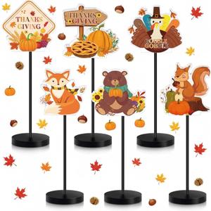 Wenqik 6 Pcs Thanksgiving Tabletop Decor Turkey Table Centerpiece Standing Thanksgiving Party Decorations Turkey Sign Wooden Block Fall Shelf Ornaments Pumpkin Maple Leaf for Home Autumn Harvest