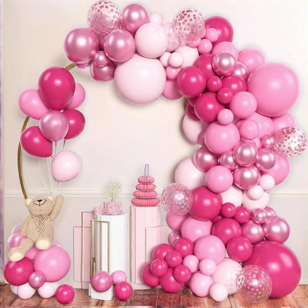PartyWoo Hot Pink Balloon Arch Kit 152pcs Different Sizes of 18 12 10 5 Inch Baby Light Pastel Pale Metallic Pink Magenta Fuchsia Mauve Confetti Balloons for Baby Shower Birthday Party Decorations