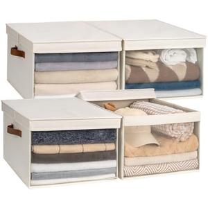 StorageWorks Storage Bins with Lid and Clear Window, Fabric Storage Boxes with Lids, Stackable Basket for Shelves, Closet Organizer and Storage Bins, Beige, Jumbo, 4-Pack