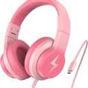 Kids Headphones for School, Upgrade USB C Headphones for Kids, Wired Headphone for Kid, HD Stereo Sound, Foldable Kid Over-Ear Headphone for Boys, Girls, PC, Tablets, Pink