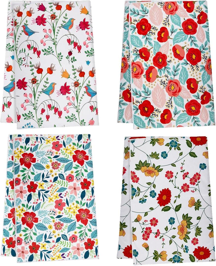 4Pcs Kitchen Dish Towels,Microfiber Cloth Floral Dish Towels,Housewarming Gift for Kitchen Stuff Decor Accessories,16 x 24 in