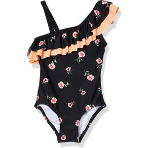 Kanu Surf Girls' Big Morgan Floral Ruffle 1-Shoulder 1-Piece Swimsuit, Black, 14