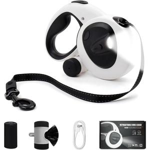 16Ft Retractable Dog Leash with LED Light, Heavy Duty Dog Leash for Small, Medium & Large Dogs Up to 66lbs, 360 Tangle-Free, Dispenser and Poop Bags