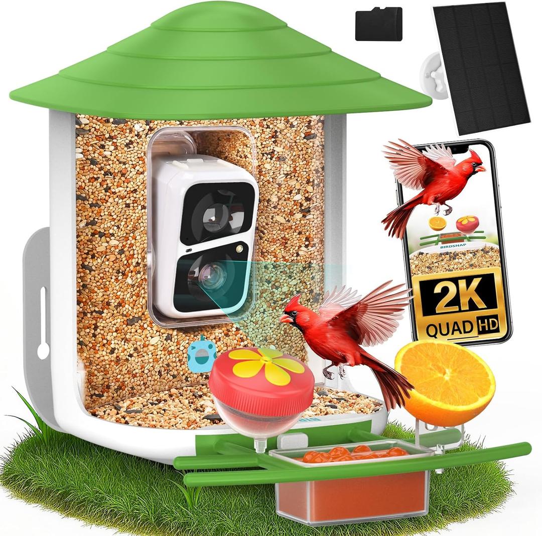 birdsnap TUC Bird Feeder with Camera 2K HD, Solar Panel 32GB Card 4-in-1 Perch, 160View Auto Detect & Notify AI Identify Video Bird Camera Wireless Outdoors Ideal Gift for Birds Lover (Green)