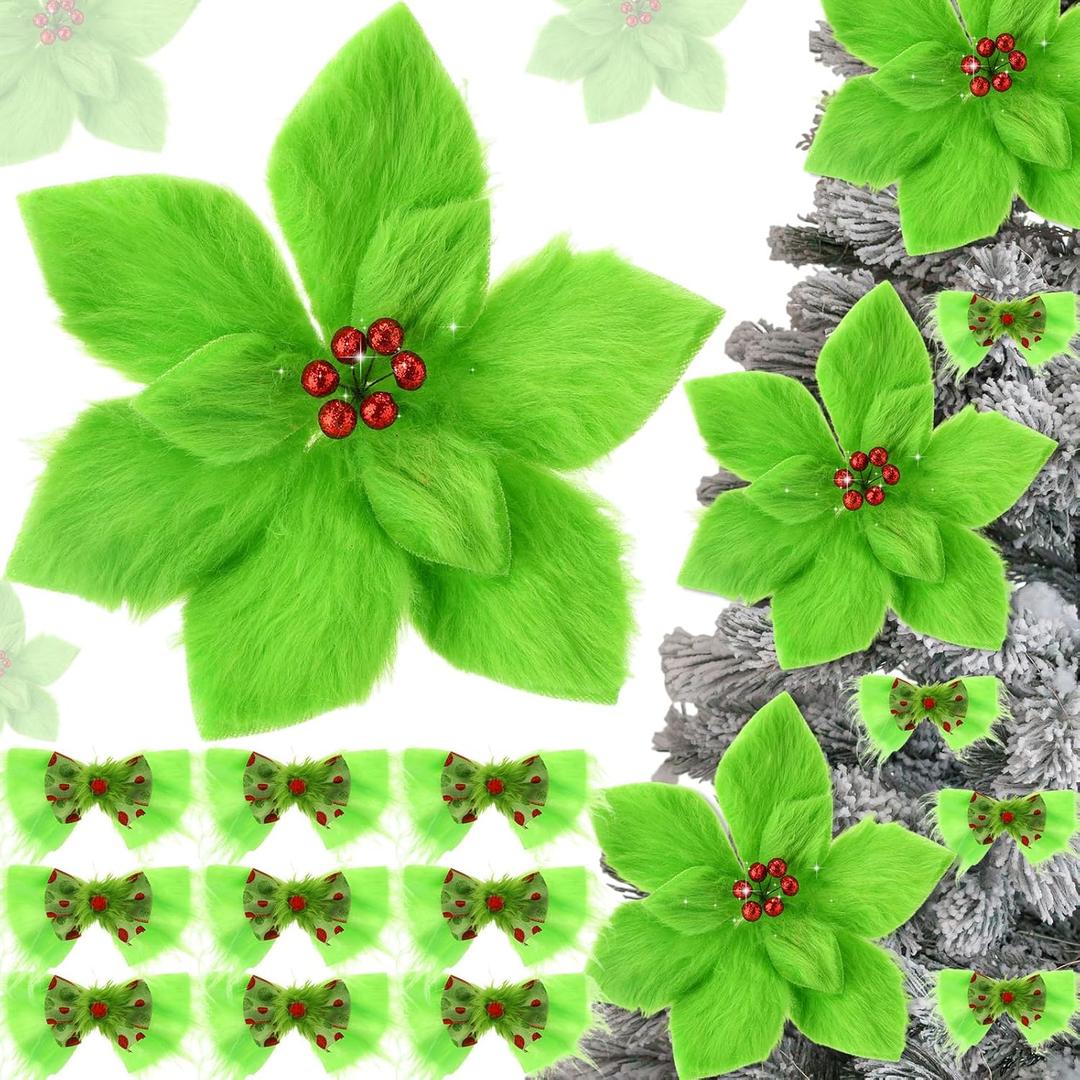 Liliful 16 Pack Lime Green Furry Poinsettia Christmas Tree Ornament Set 6 Pcs 12 Inch Plush Christmas Poinsettia Artificial Flower 10 Pcs 8.6 Inch Red Green Bow for Home Xmas Tree Garland Party Decor