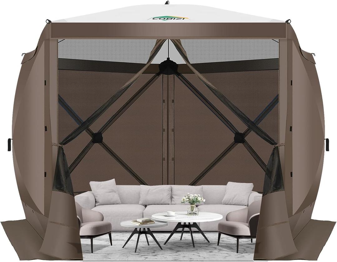 COBIZI Pop Up Gazebo Screen Tent Screen House for Camping, 10FTx10FT Screen Room with Mosquito Netting, Hub Tent Instant Screened Canopy with Carrying Bag and Ground Stakes, Brown