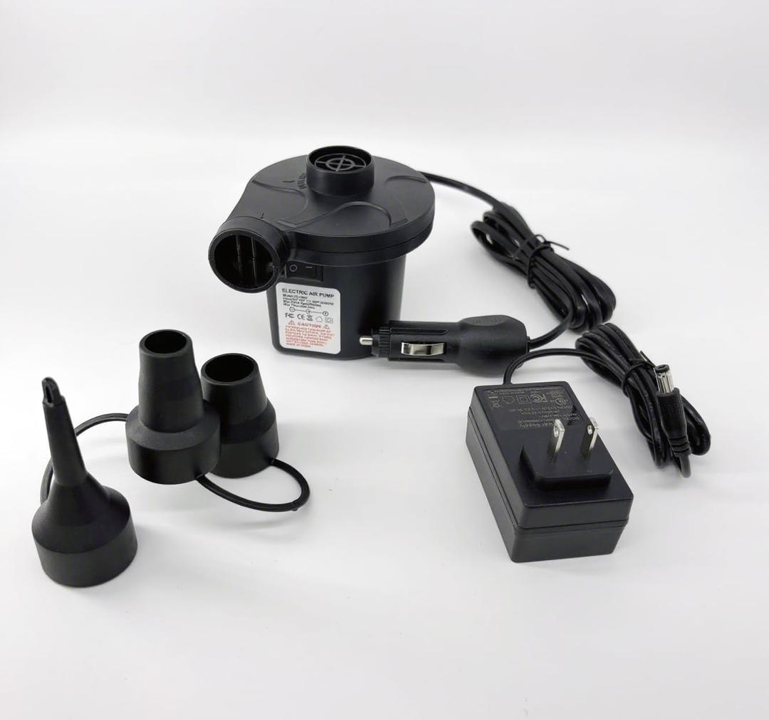 Portable Electric Air Pump, Quick-Fill Inflator, Dual AC/DC Power, Multiple Nozzles, Black