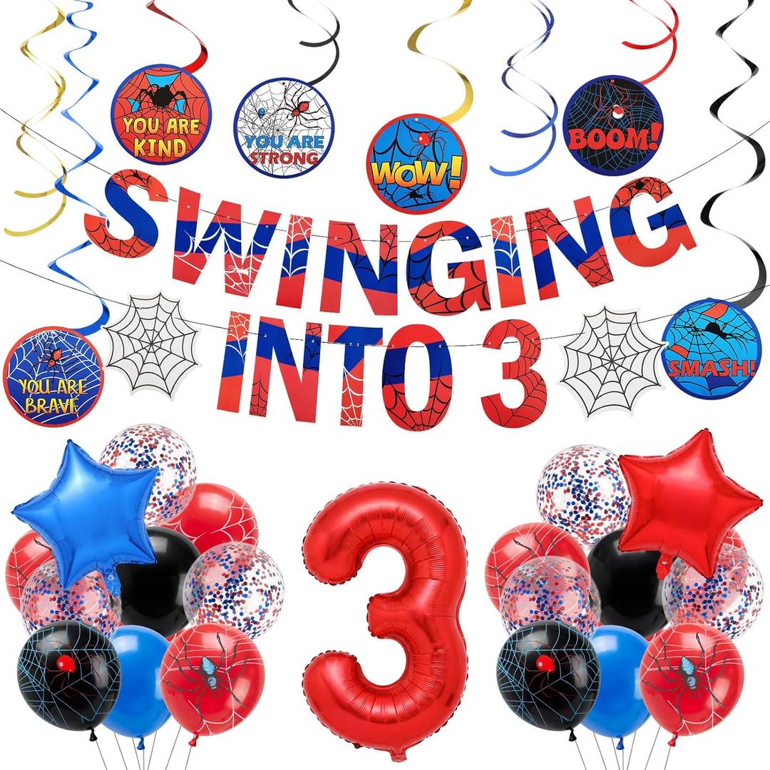 Spider Theme 3rd Birthday Party Supplies Decorations Swinging into 3 Banner Red Blue Spider Theme Number Foil Balloons Hanging Swirl Cards Cartoon Parties Spiders Birthday Party Supplies