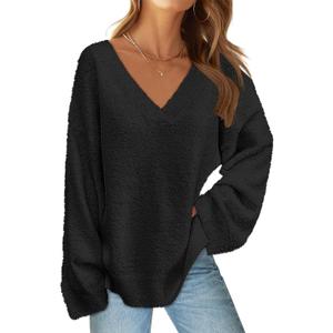 MEROKEETY Sweaters for Women Fall 2026 V Neck Oversized Cozy Chunky Knit Long Sleeve Fuzzy Fleece Pullover Winter Outfits (Large, Black)