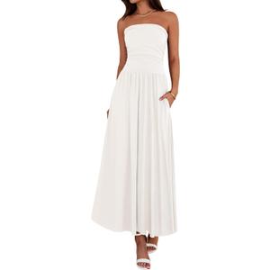 BTFBM Summer Maxi Dresses for Women 2025 Strapless Ruched Tube Top Flowy Beach Vacation Wedding Guest Fall Dress Pockets (Medium, White)