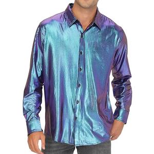 LecGee Mens 70s Style Disco Dance Shirt Metallic Sequins Long Sleeve Button Down Shirt Nightclub Stage Performance, 2XL