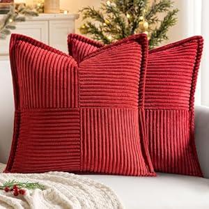 MIULEE Christmas Decorative Throw Pillow Covers for Couch Bed Livingroom 12x12 Inch Set of 2 Red Boho Accent Throw Pllows Broadside Striped Patchwork Soft Corduroy Pillowcases