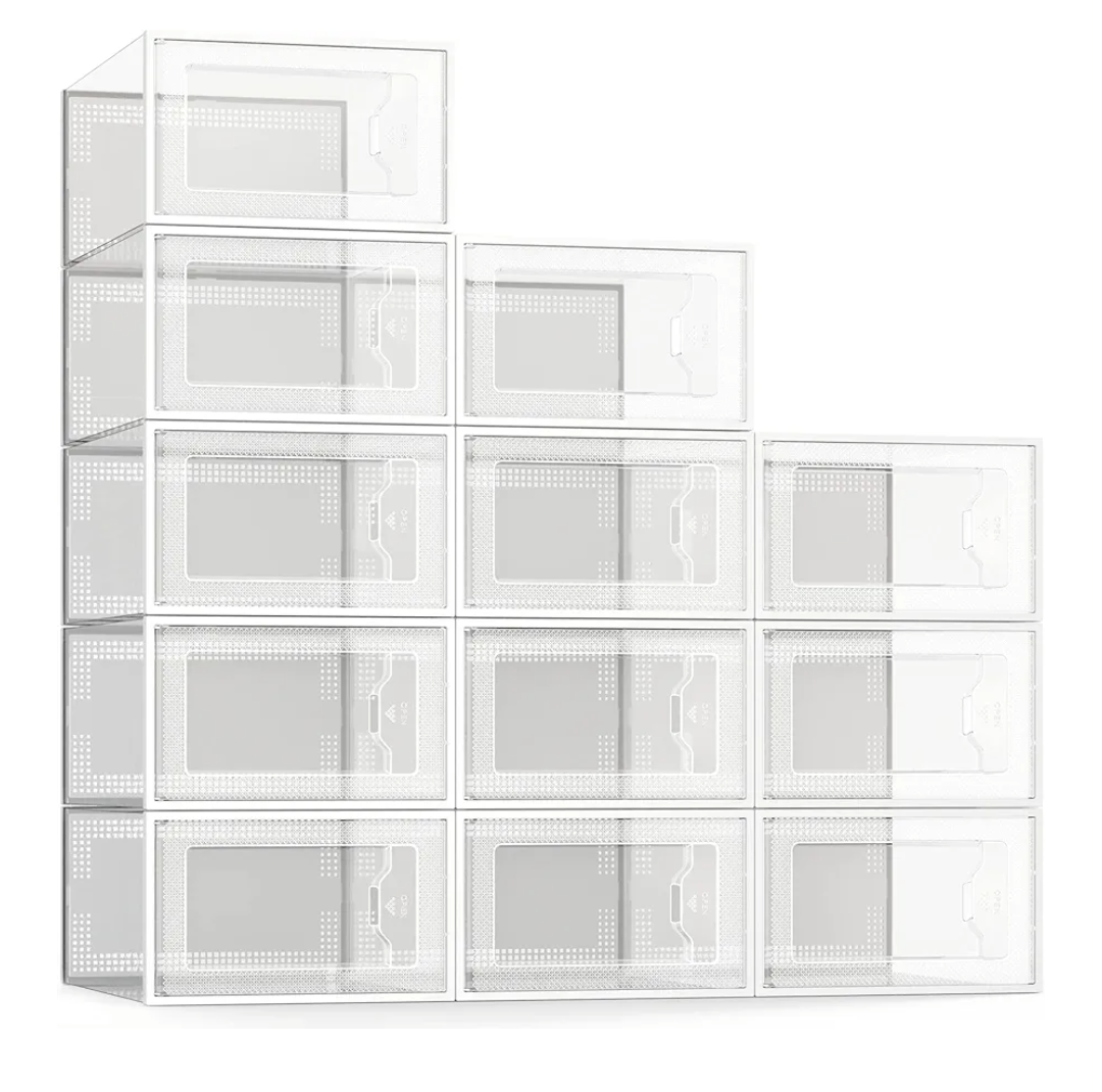 SEE SPRING 12 Pack Shoe Storage Box, Clear Plastic Stackable Shoe Organizer for Closet, Space Saving Foldable Shoe Rack Sneaker Container Bin Holder