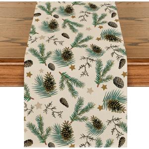 Artoid Mode Pine Cone Leaves Stars Merry Christmas Table Runner, Seasonal Winter Green Kitchen Dining Table Decoration for Home Party Decor 13x108 Inch (Beige)