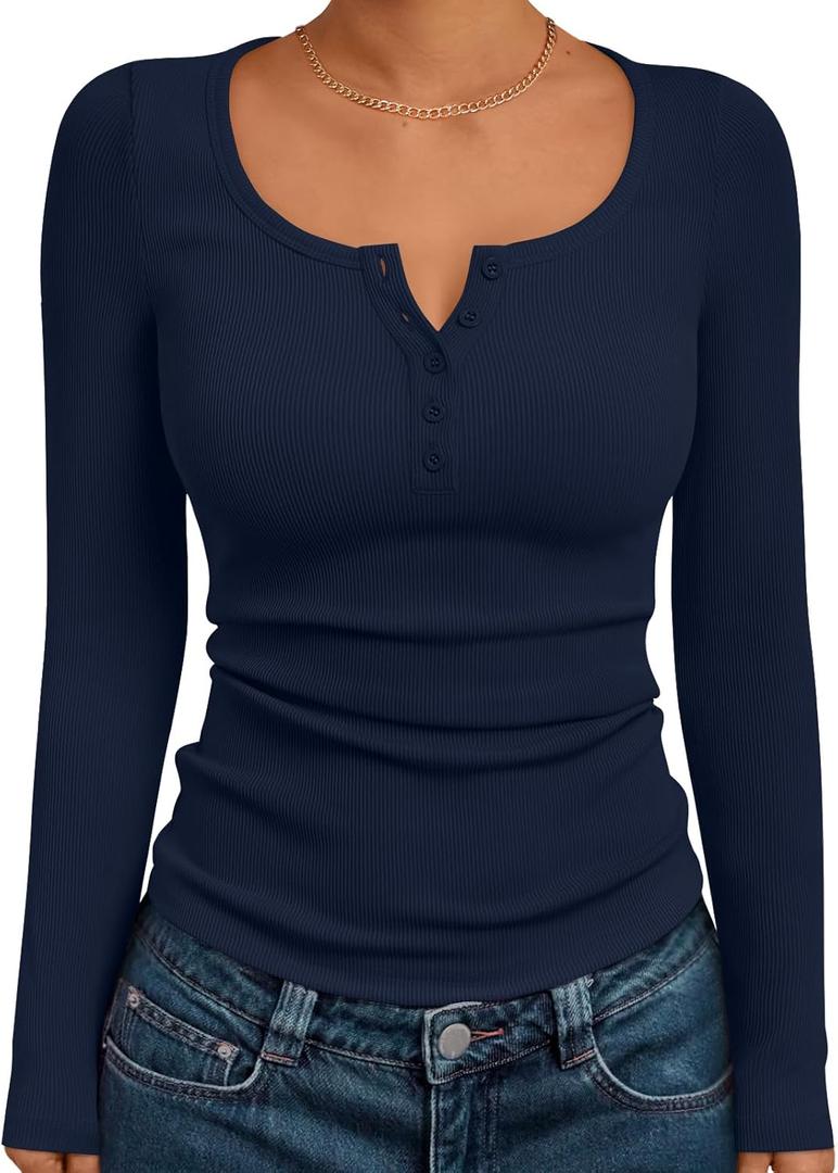Trendy Queen Long Sleeve Shirts for Women Henley Ribbed Fall Tops Dressy Business Casual Teen Girl Winter Cute Basic Tees (Small, Navy Blue)