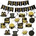 New Year Decorations 2026, Happy New Years Banner& 16 Pieces Hanging Swirls for Happy New Year Eve NYE Party Supplies(Black Gold)