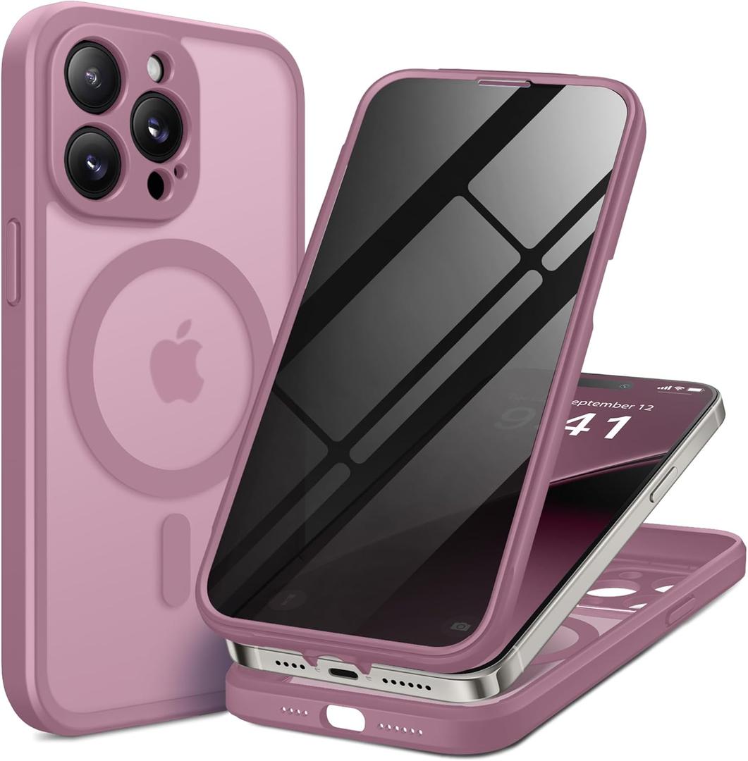 BERFY for iPhone 14 Pro Max Case, Compatible with MagSafe, Built-in Privacy Screen Protector and Camera Protection, Anti-Spy Full Body Shockproof Phone Case for 14 Pro Max 6.7", Matte Palevioletred