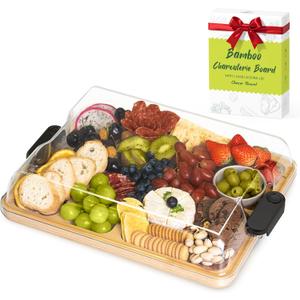 2-in-1 Charcuterie Board with Lid, Large Cutting Board for Kitchen, Travel Portable Bamboo Cheese Board, Covered Serving Tray, House Warming Birthday Gifts for Her Him Women Men Mom Dad