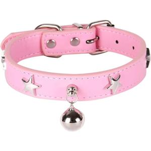 2 x Leather Dog Collar with Bell and Star Studs, Dog Collars for Female, Male Dogs (M: 11 - 14 in, Pink)