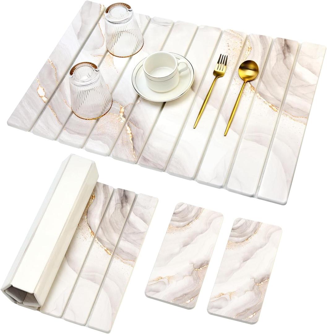 3 PCS Large Stone Drying Mat for Kitchen Counter Diatomaceous Earth Dish Quick Dry Stone Mats Dish Drying Pad White Marble Water Absorbing Diatomite Tray for Bathroom Sink Kitchen Accessories Dry Matt