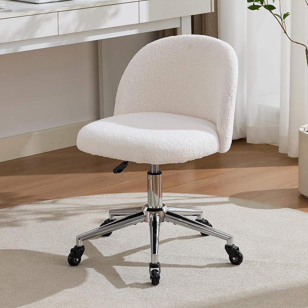 Home Office Chair with Quiet Wheels - Armless Vanity Chair Vanity Stool, 360 Swivel Height Adjustable White