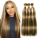 P4/613 Highlight Blonde Bundles Human Hair Straight Bundles 24 26 28 Inch Unprocessed Brazilian Virgin Hair Weave 3 Bundle Brown Human Hair Extensions 50 Grams Per Bundle
