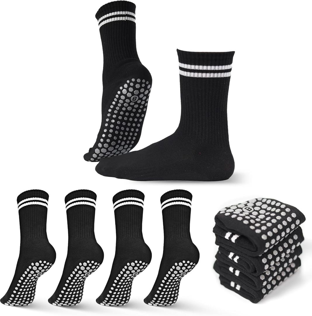 Pilates, Yoga Socks with Non Slip Grips for Women, Crew Grip Sock for Barre Shoes, Pilates Outfit Pack of 4 (6-10, Black)